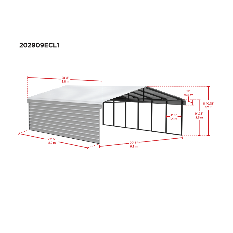 Arrow 1-Sided 20x29x9 Enclosure Galvanized Steel Carport Kit- Eggshell (CPH202909ECL1)