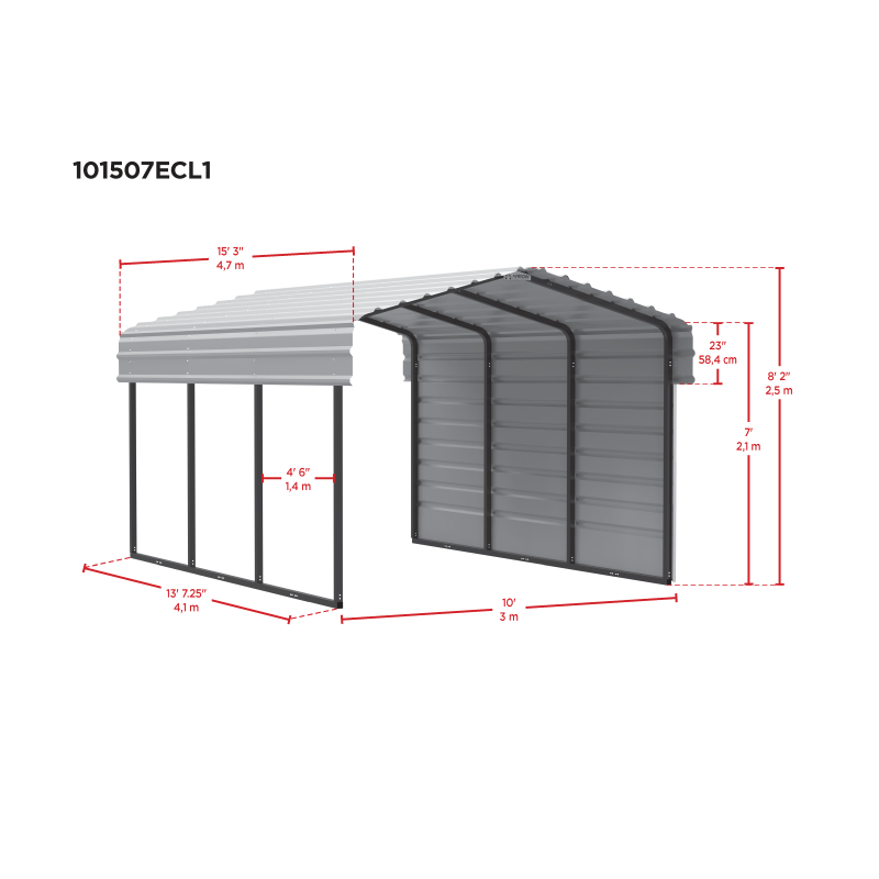Arrow 1-Sided 10x15x7 Enclosure Galvanized Steel Carport Kit- Charcoal (CPHC101507ECL1)