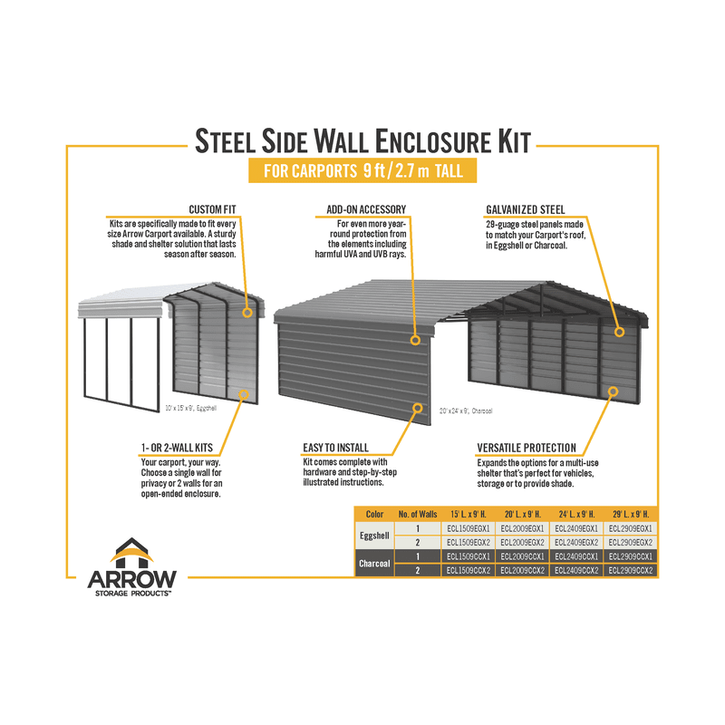 Arrow 2-sided 10x29x7 Enclosure Galvanized Steel Carport Kit Charcoal (CPHC102909ECL2)