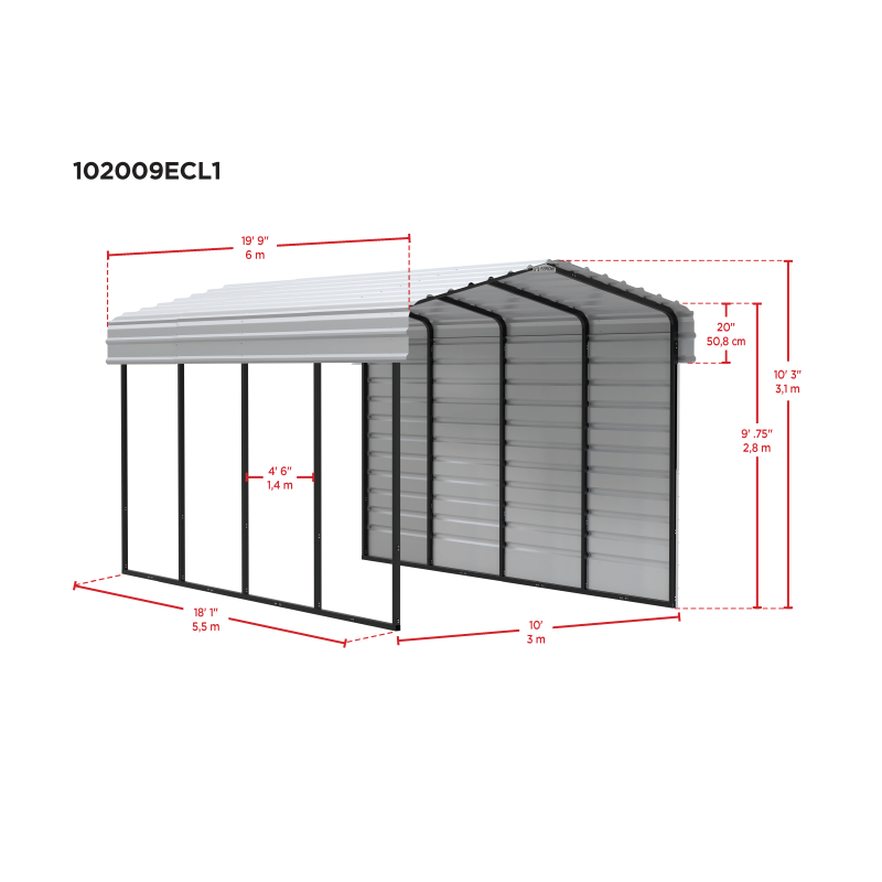 Arrow 1-Sided 10x20x9 Enclosure Galvanized Steel Carport Kit- Charcoal (CPHC102009ECL1)