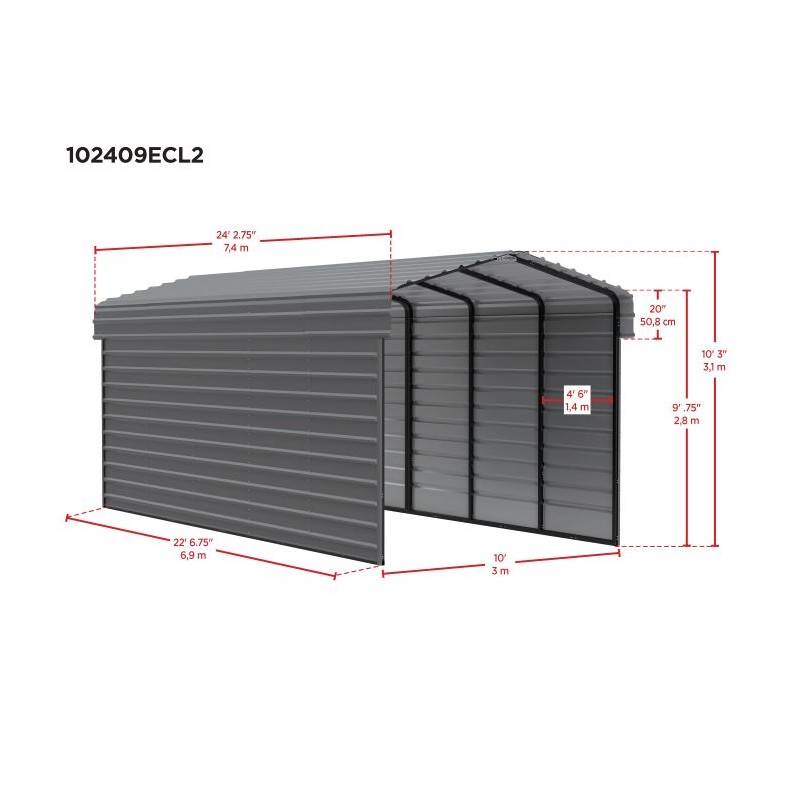 Arrow 2-Sided 10x24x9 Enclosure Galvanized Steel Carport Kit- Charcoal (CPHC102409ECL2)