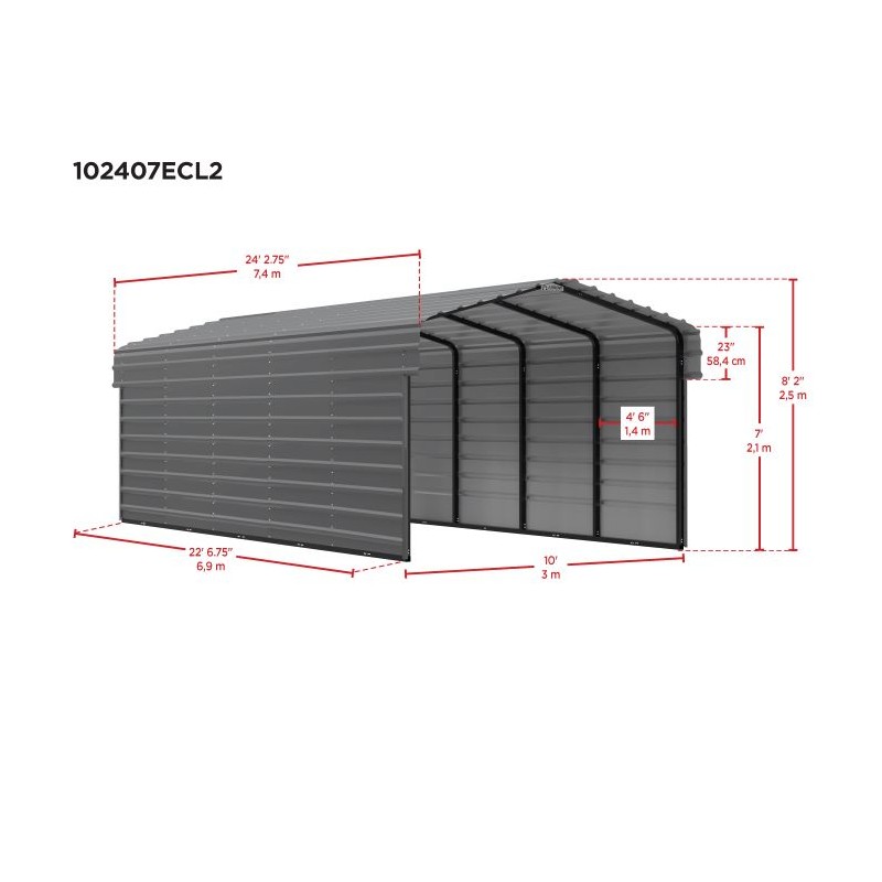 Arrow 2-Sided 10x24x7 Enclosure Galvanized Steel Carport Kit- Charcoal (CPHC102407ECL2)