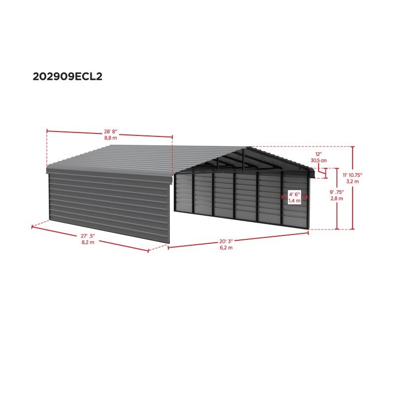 Arrow 2-Sided 20x29x9  Enclosure Galvanized Steel Carport Kit- Charcoal (CPHC202909ECL2)