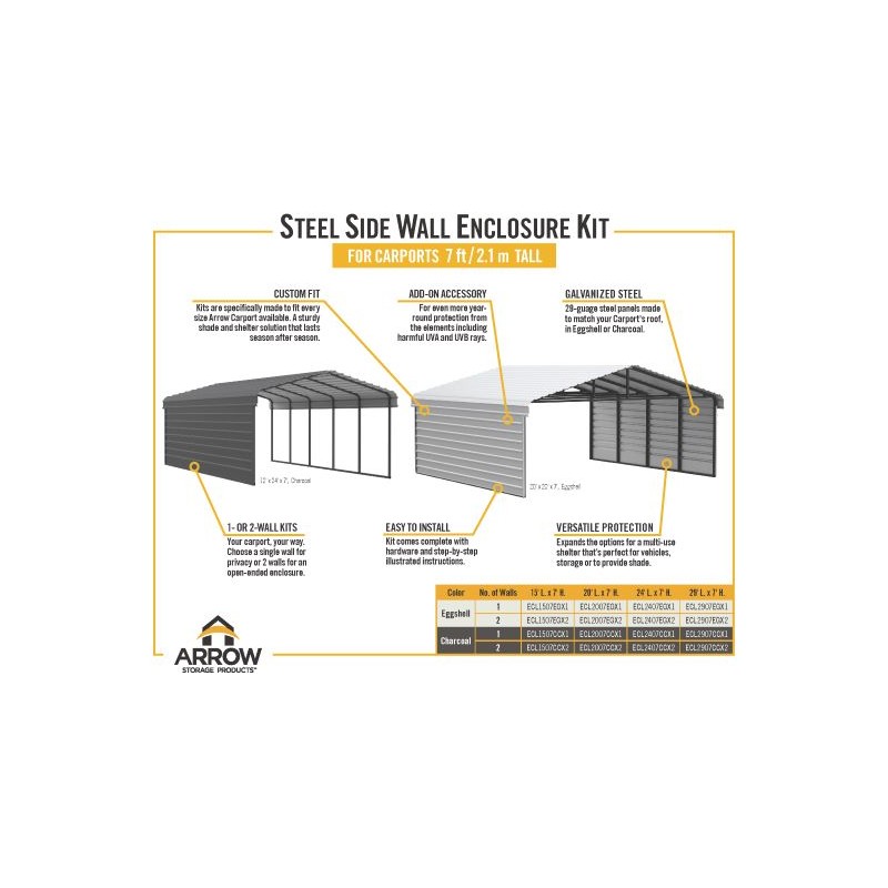 Arrow 2-Sided 20x29x7 Enclosure Galvanized Steel Carport Kit- Charcoal (CPHC202907ECL2)