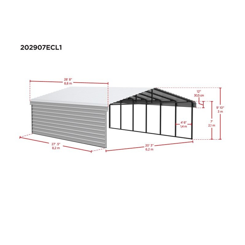 Arrow 1-Sided 20x29x7 Enclosure Galvanized Steel Carport Kit- Charcoal (CPHC202907ECL1)
