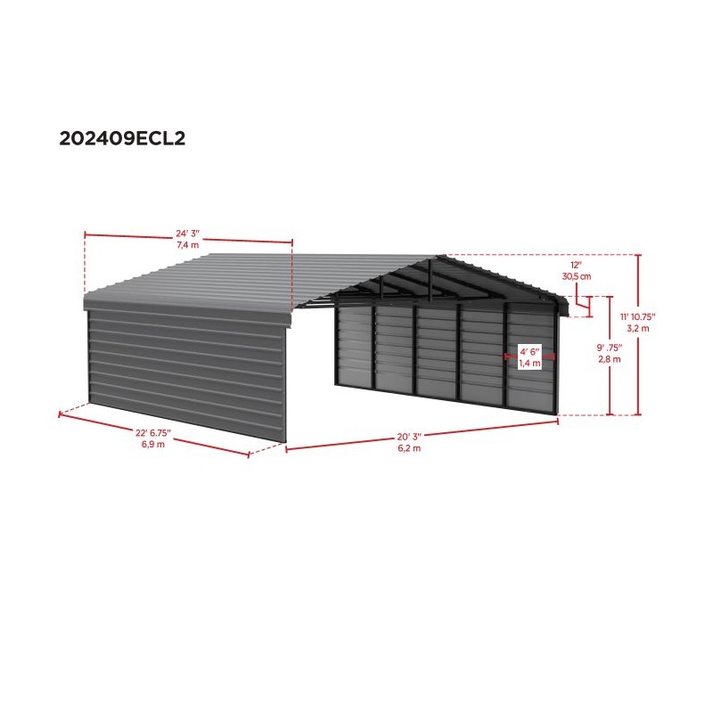 Arrow 2-Sided 20x24x9 Enclosure Galvanized Steel Carport Kit- Charcoal (CPHC202409ECL2)