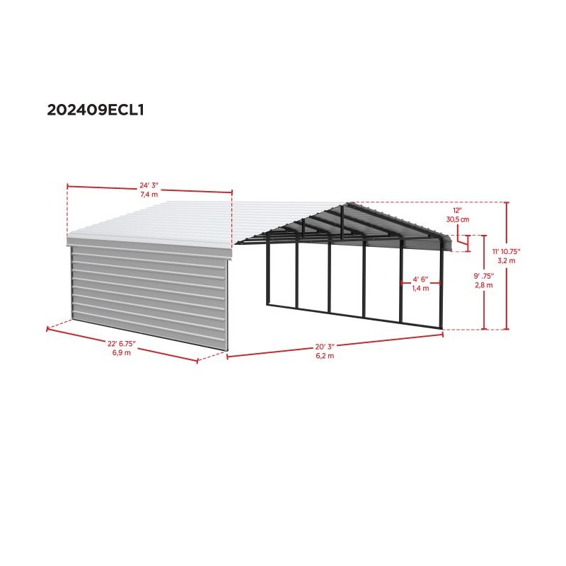 Arrow 1-Sided 20x24x9 Enclosure Galvanized Steel Carport Kit- Charcoal (CPHC202409ECL1)