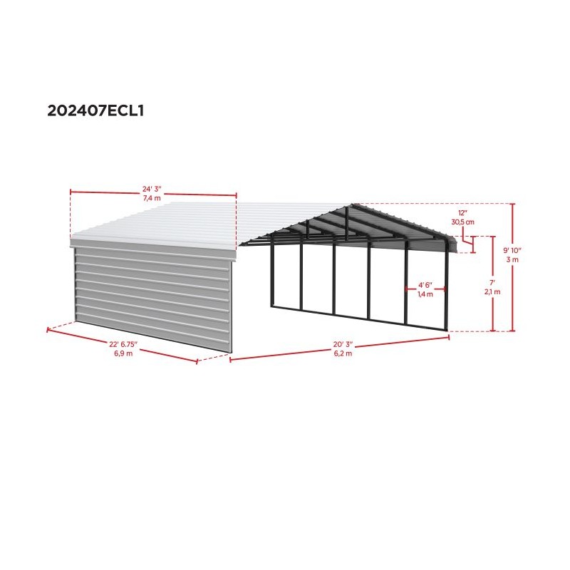 Arrow 1-Sided 20x24x7 Enclosure Galvanized Steel Carport Kit- Charcoal (CPHC202407ECL1)
