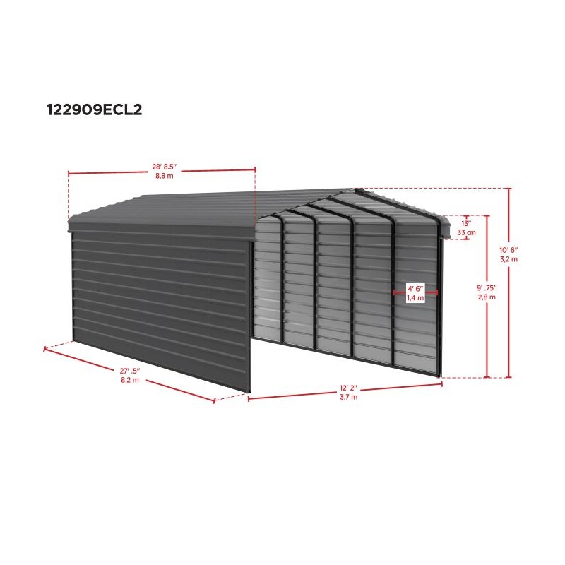 Arrow 2-Sided 12x29x9 Enclosure Galvanized Steel Carport Kit- Charcoal (CPHC122909ECL2)