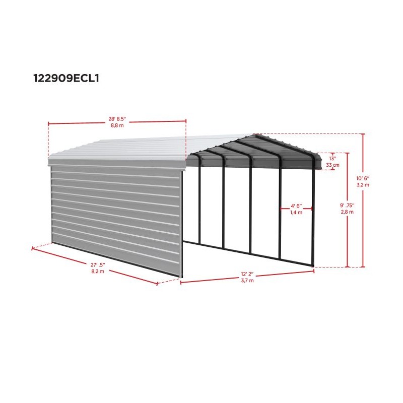 Arrow 1-Sided 12x29x9 Enclosure Galvanized Steel Carport Kit- Charcoal (CPHC122909ECL1)