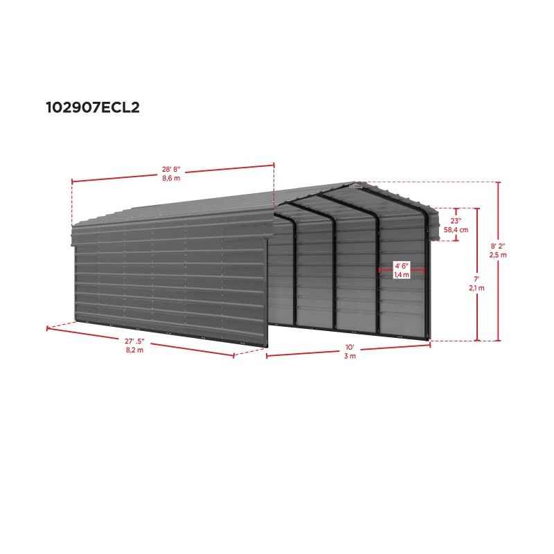 Arrow 2-sided 10x29x7 Enclosure Galvanized Steel Carport Kit - Charcoal (CPHC102907ECL2)