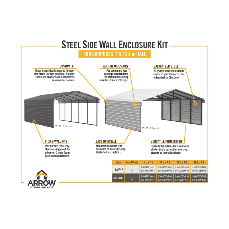 Arrow 1-sided 12x24x7 Enclosure Galvanized Steel Carport Kit - Charcoal (CPHC122407ECL1)