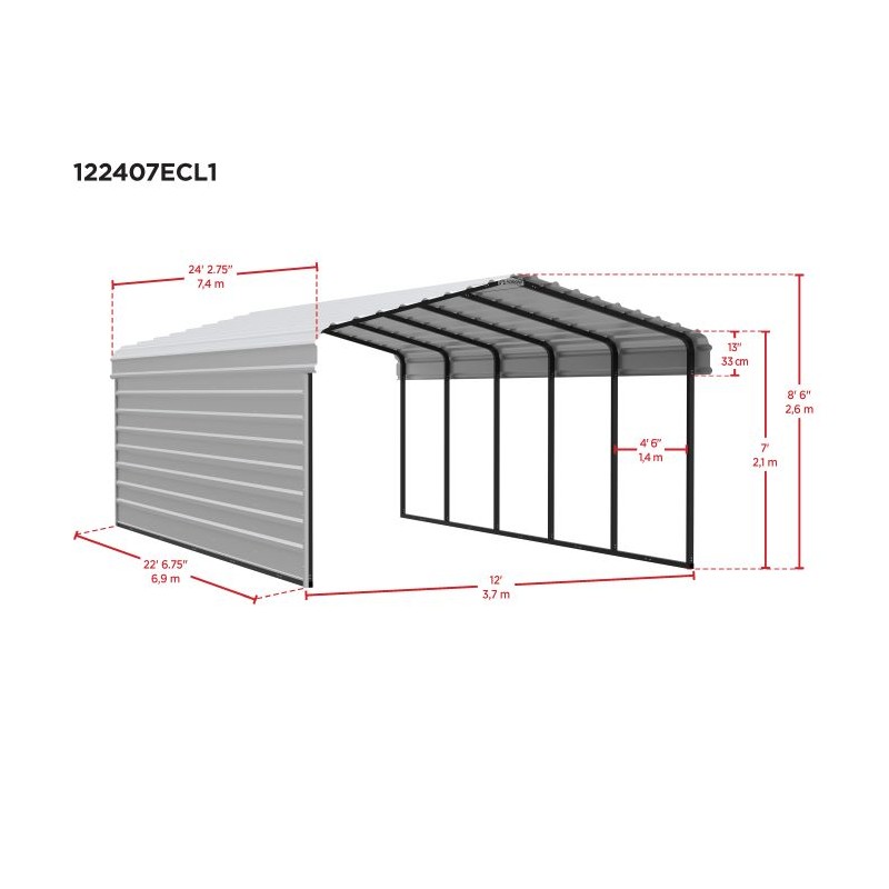Arrow 1-sided 12x24x7 Enclosure Galvanized Steel Carport Kit - Charcoal (CPHC122407ECL1)