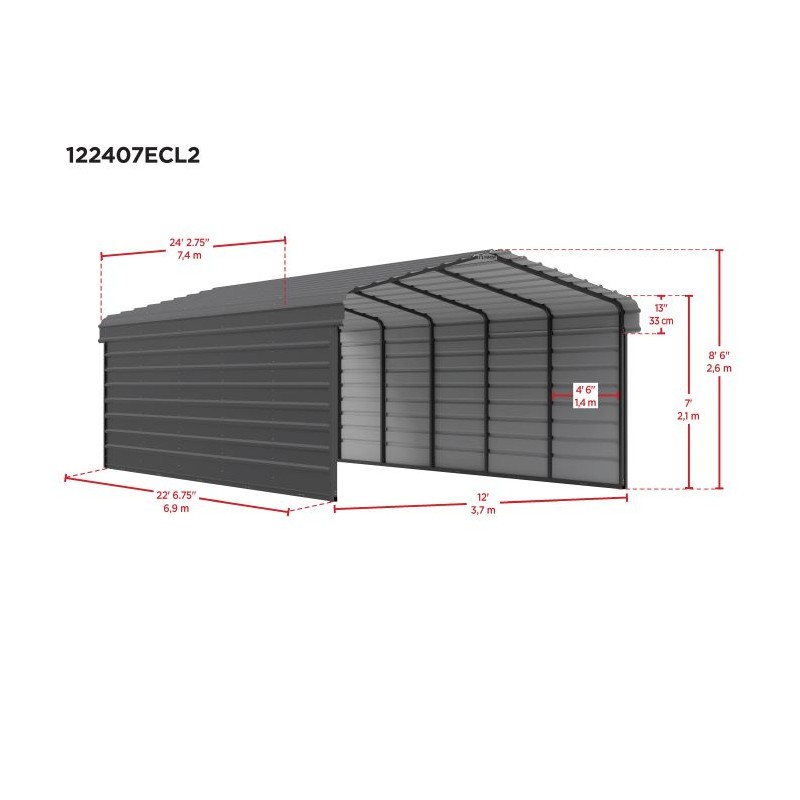 Arrow 2-sided 12x24x7 Enclosure Galvanized Steel Carport Kit - Charcoal (CPHC122407ECL2)