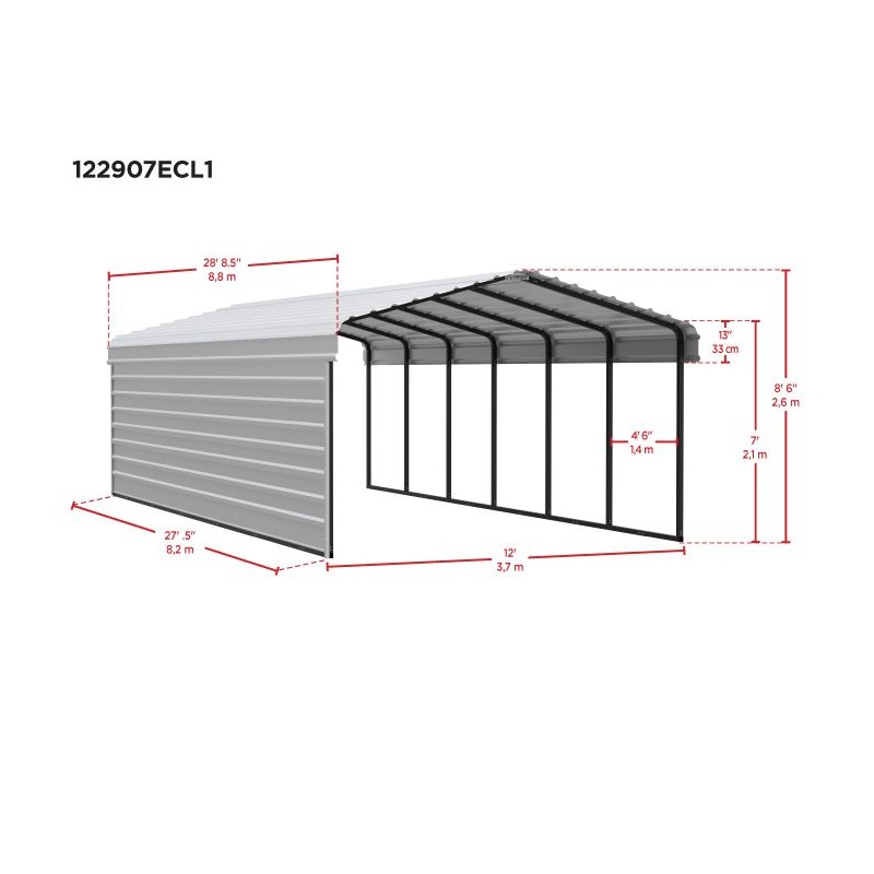 Arrow 1-Sided 12x29x7 Enclosure Galvanized Steel Carport Kit- Charcoal (CPHC122907ECL1)