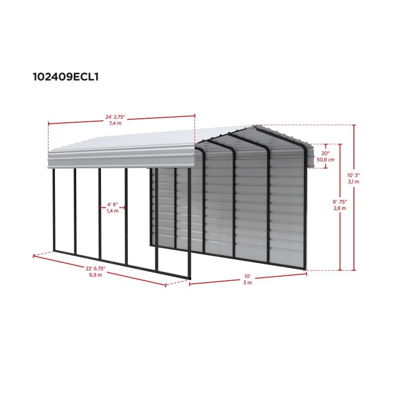 Arrow 1-Sided 10x24x9 Enclosure Galvanized Steel Carport Kit- Charcoal (CPHC102409ECL1)