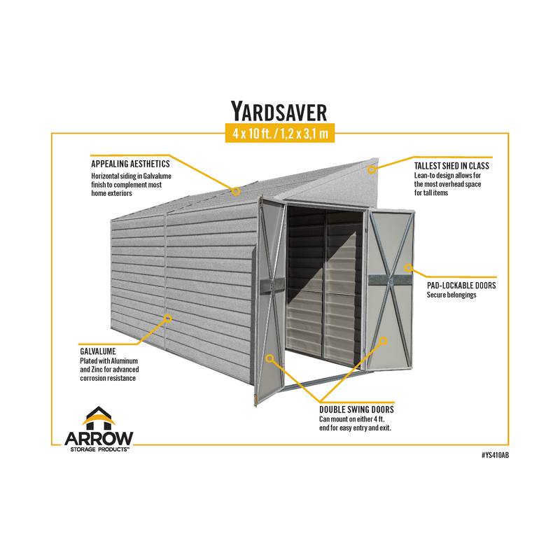 Arrow Yardsaver 4x10 Steel Storage Shed Pent Roof - Silver (YS410AB)