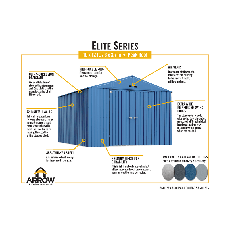 Arrow 10x12 Elite Steel Storage Shed - Cool Grey (EG1012CG) Arrow 10x12 Elite Steel Storage Shed - Cool Grey (EG1012CG)