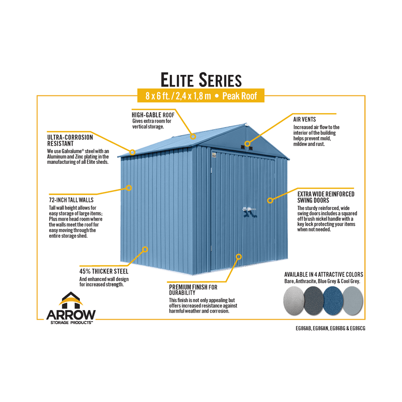 Arrow Elite 8x6 Metal Storage Shed Kit - Silver (EG86AB)