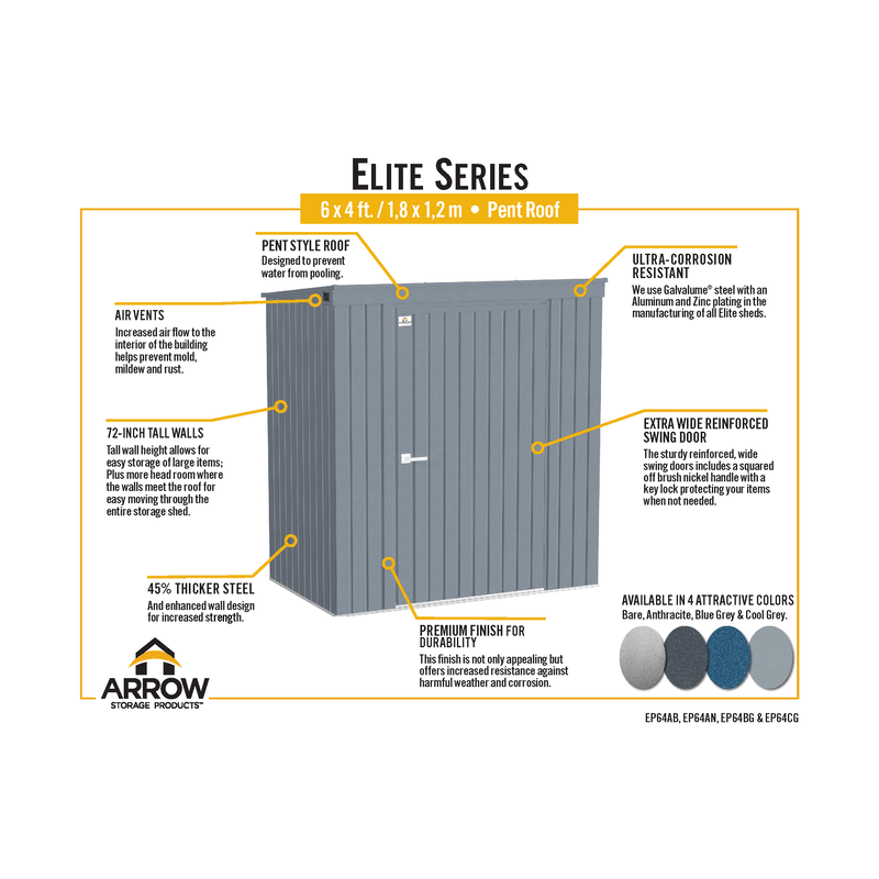 Arrow 6x4 Elite Steel Storage Shed - Silver (EP64AB)