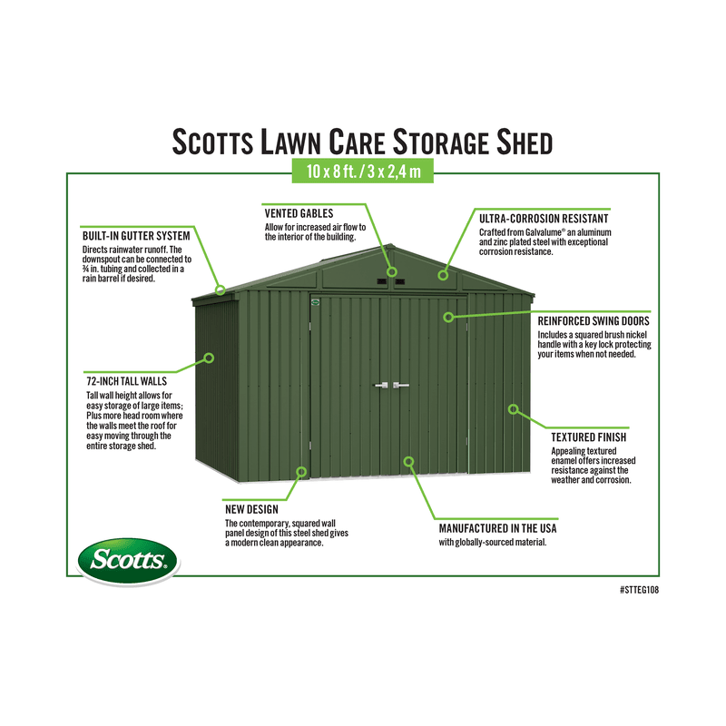 Scotts 10x8 Lawn Care Storage Shed-Green (STTEG108)