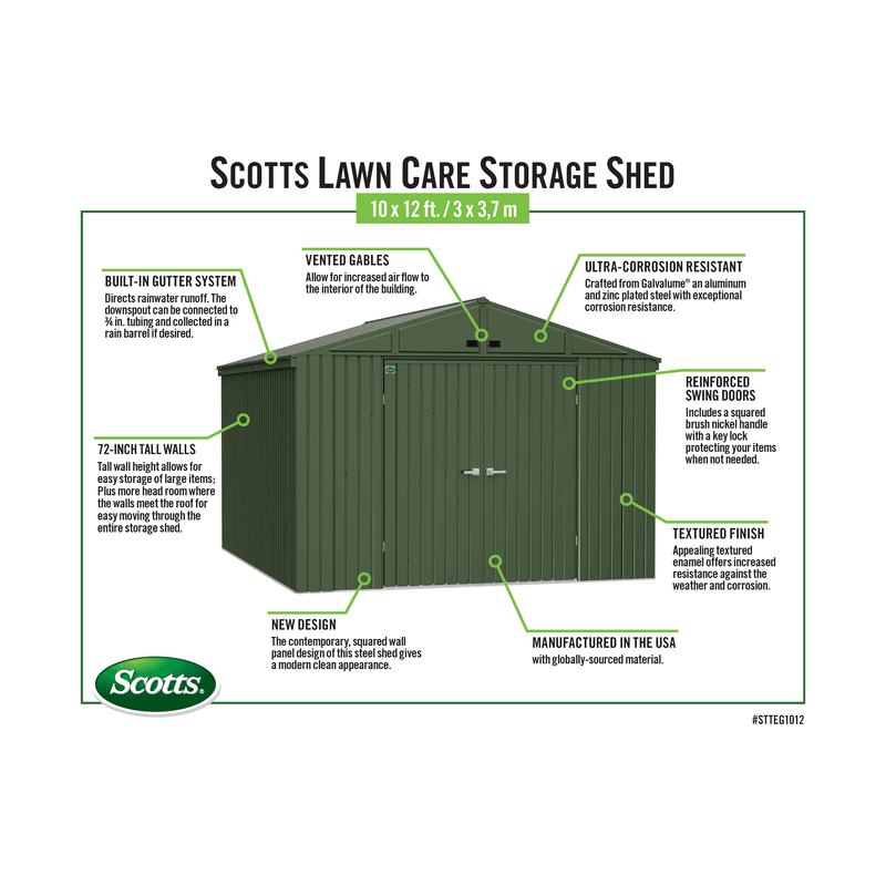 Scotts 10x14 Lawn Care Storage Shed-Green (STTEG1014)