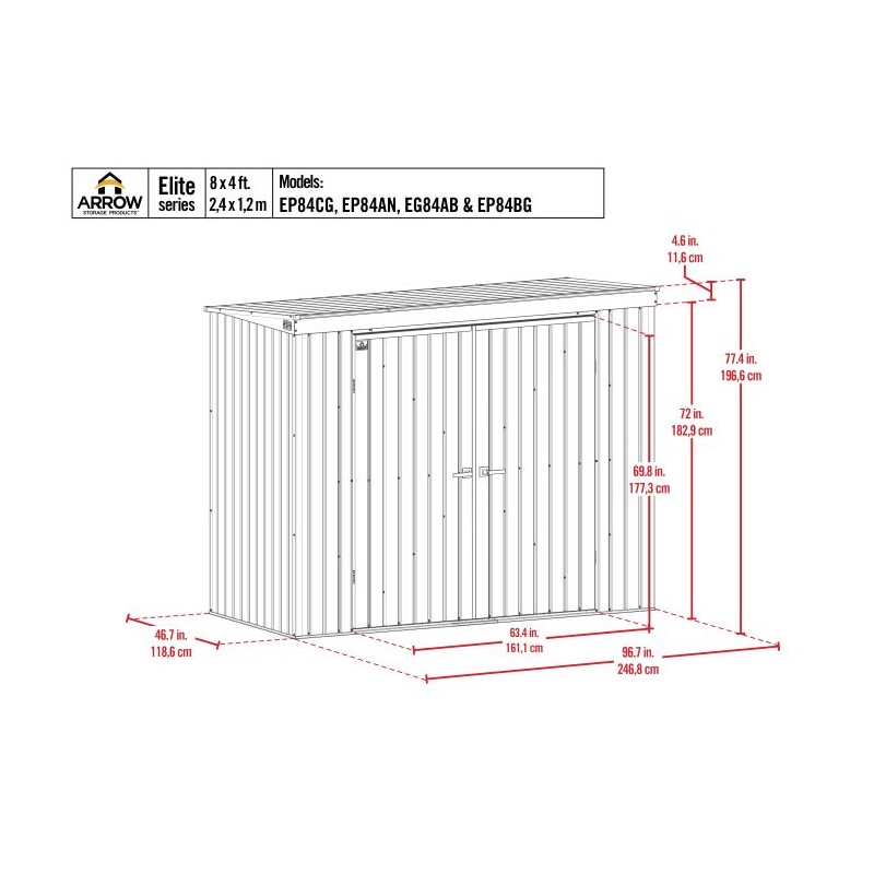 Arrow Elite 8x4 Metal Storage Shed Kit - Blue Grey (EP84AN)