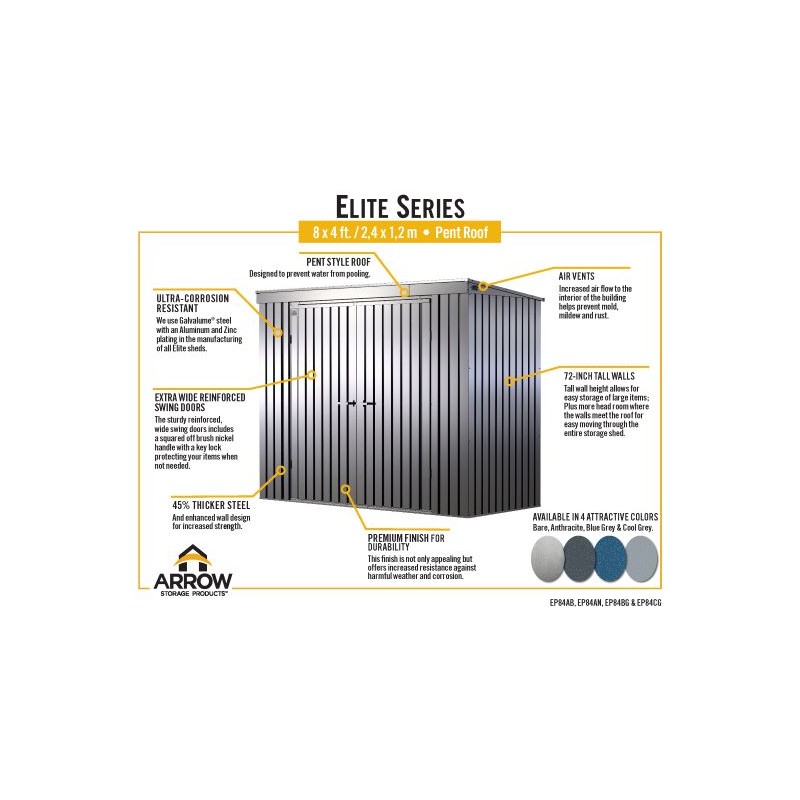 Arrow Elite 8x4 Metal Storage Shed Kit - Cool Grey (EP84CG)