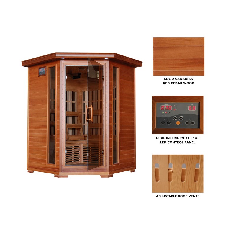 Heat Wave Hudson Bay - Cedar 3 Person FAR Infrared Sauna With Carbon Heaters - Corner Unit (SA1312)