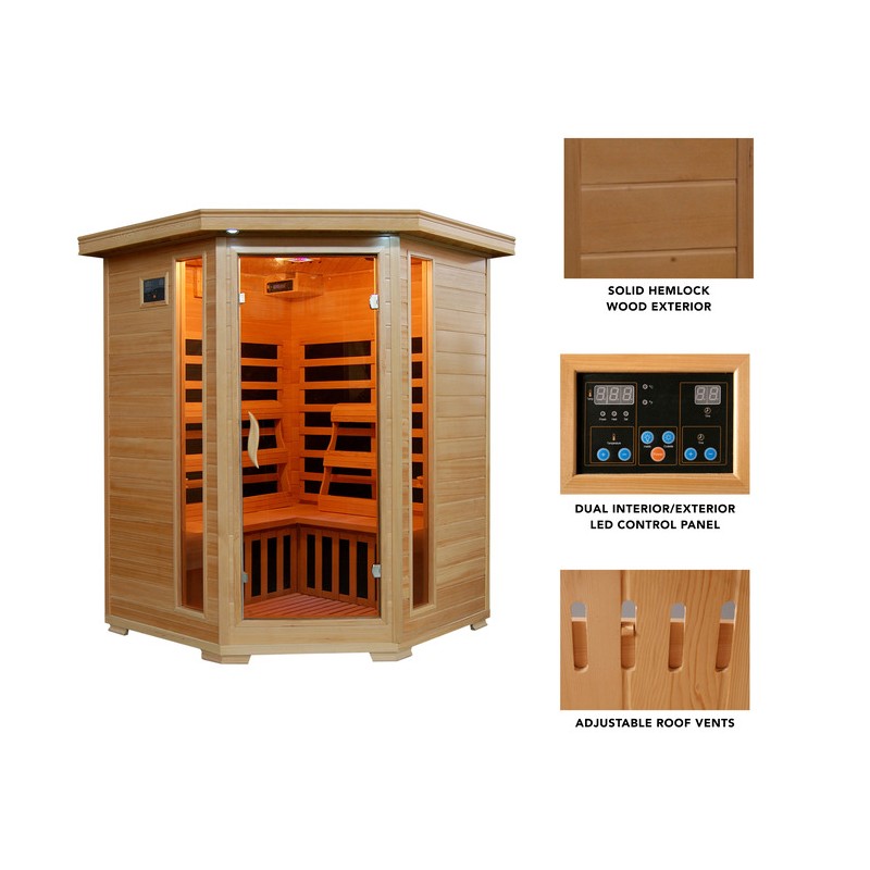 Blue Wave Sante Fe - Hemlock 3 Person FAR Infrared Sauna w/ Carbon Heaters - Corner Unit (SA2412DX)