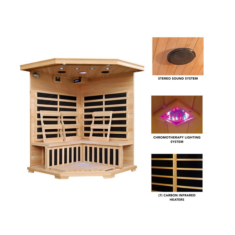Blue Wave Sante Fe - Hemlock 3 Person FAR Infrared Sauna w/ Carbon Heaters - Corner Unit (SA2412DX)