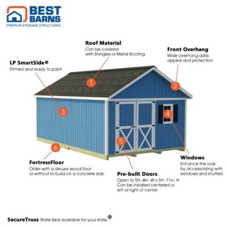 Best Barns Shedquarters 12x20 Premium Pre-Cut Wood Shed Kit w/ Centered Gable Door (SQUADG20C)