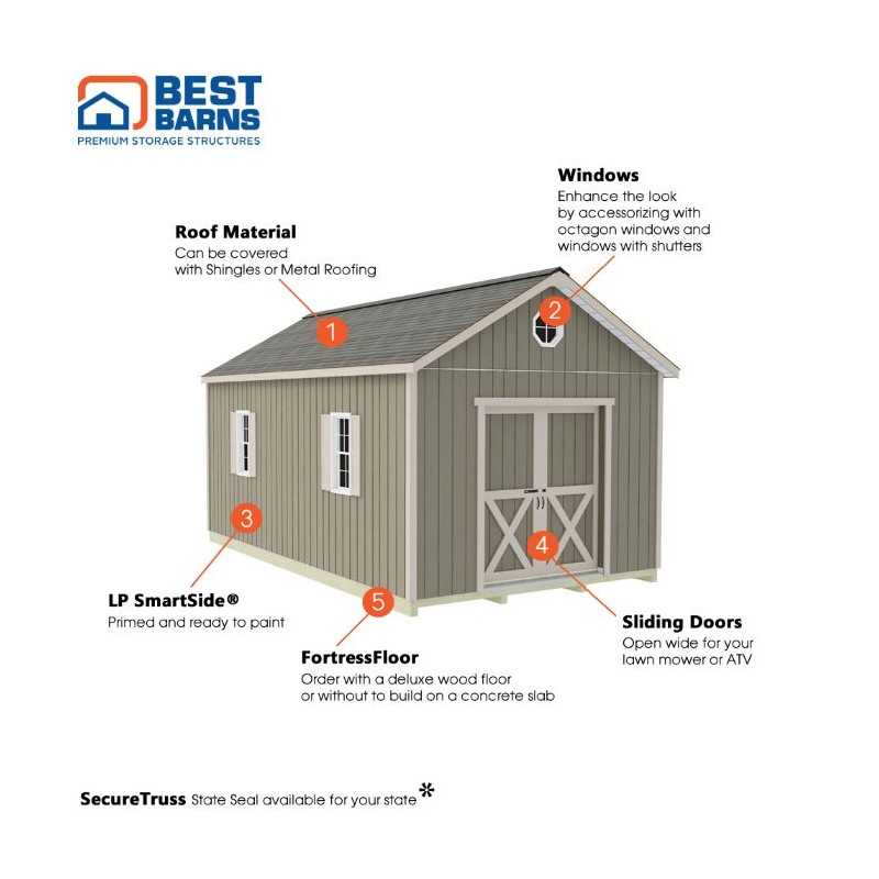 Best Barns Shedquarters 12x20 Pre-Cut Wood Shed Kit w/ Sliding Doors Centered on Gable (SQUASD20)