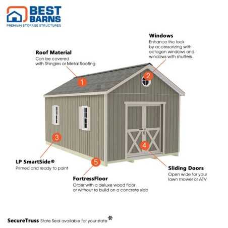 Best Barns Shedquarters 12x20 Pre-Cut Wood Shed Kit w/ Sliding Doors Centered on Gable (SQUASD20)