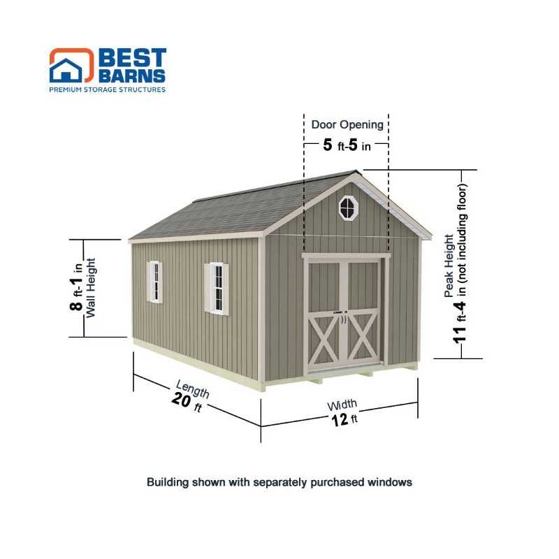 Best Barns Shedquarters 12x20 Pre-Cut Wood Shed Kit w/ Sliding Doors Centered on Gable (SQUASD20)