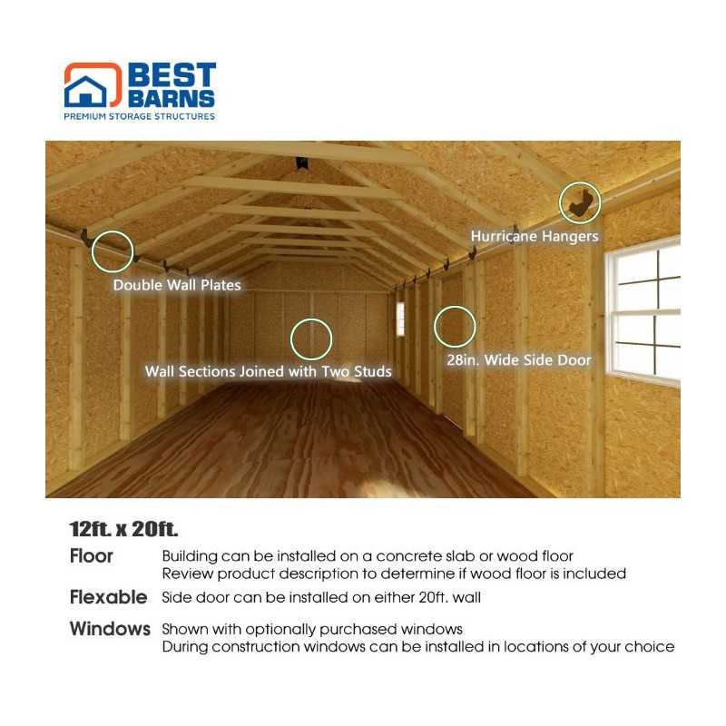 Best Barns Shedquarters 12x20 Pre-Cut Wood Shed Kit w/ Sliding Doors Centered on Gable (SQUASD20)