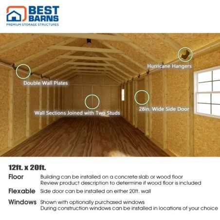 Best Barns Shedquarters 12x20 Pre-Cut Wood Shed Kit w/ Sliding Doors Centered on Gable (SQUASD20)