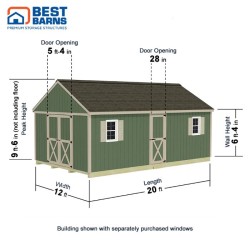 Best Barns Shedquarters 12x20 Pre-Cut Wood Shed Kit w/ Centered Gable Barn Doors & Walk-In Door on Eave (SQUASE20)