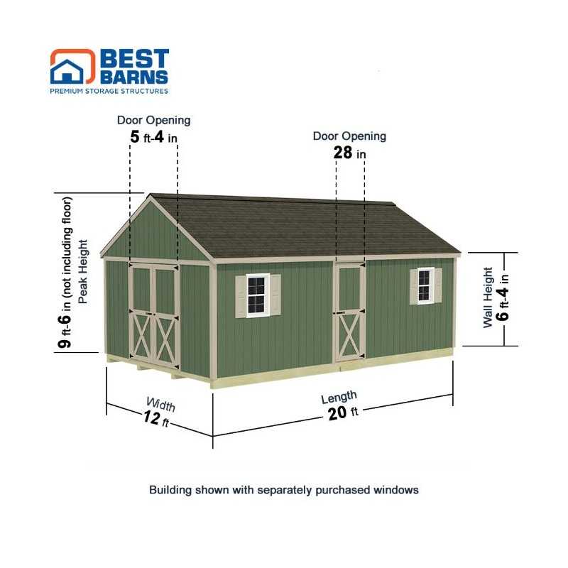 Best Barns Shedquarters 12x20 Pre-Cut Wood Shed Kit w/ Centered Gable Barn Doors & Walk-In Door on Eave (SQUASE20)