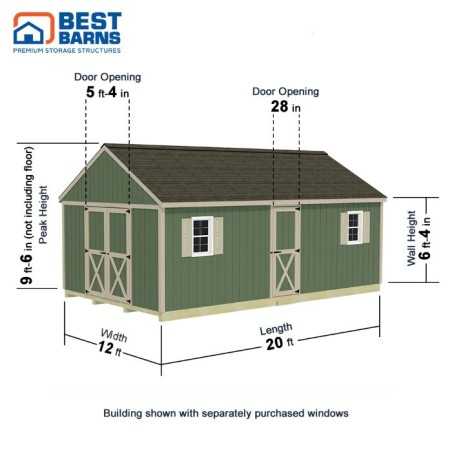 Best Barns Shedquarters 12x20 Pre-Cut Wood Shed Kit w/ Centered Gable Barn Doors & Walk-In Door on Eave (SQUASE20)