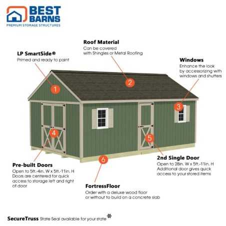 Best Barns Shedquarters 12x20 Pre-Cut Wood Shed Kit w/ Centered Gable Barn Doors & Walk-In Door on Eave (SQUASE20)