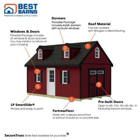 Best Barns Planner's Paradise Elite 12x16 Pre Cut Wood Shed - Transom Doors + Dormer Kit (PPARTD16DR)