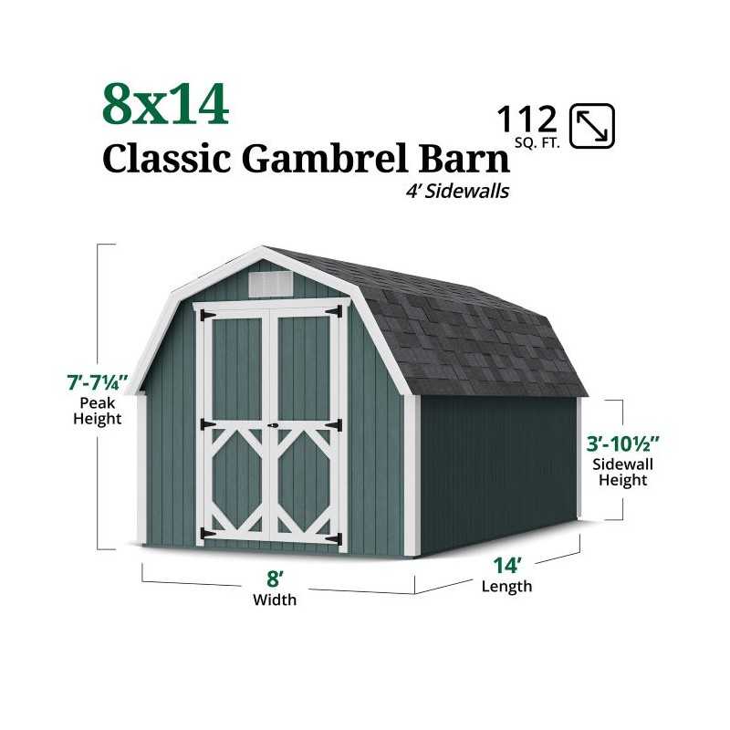 Little Cottage Co. Classic Gambrel 8x14 Wood Barn Shed Kit w/ 4' Sidewall (8x14 CGB-4-PC)
