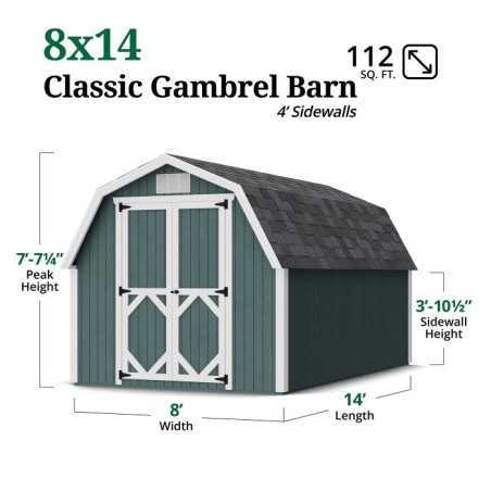 Little Cottage Co. Classic Gambrel 8x14 Wood Barn Shed Kit w/ 4' Sidewall (8x14 CGB-4-PC)