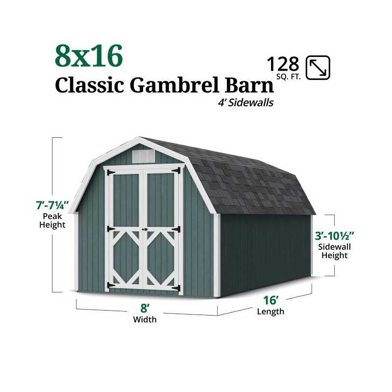Little Cottage Co. Classic Gambrel 8x16 Wood Barn Shed Kit w/ 4' Sidewall (8x16 CGB-4-PC)