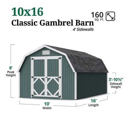 Little Cottage Co. Classic Gambrel 10x16 Wood Barn Shed Kit w/ 4' Sidewall (10x16 CGB-4-PC)