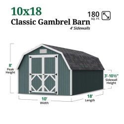 Little Cottage Co. Classic Gambrel 10x18 Barn Wood Shed Kit w/ 4' Sidewall (10x18 CGB-4-PC)