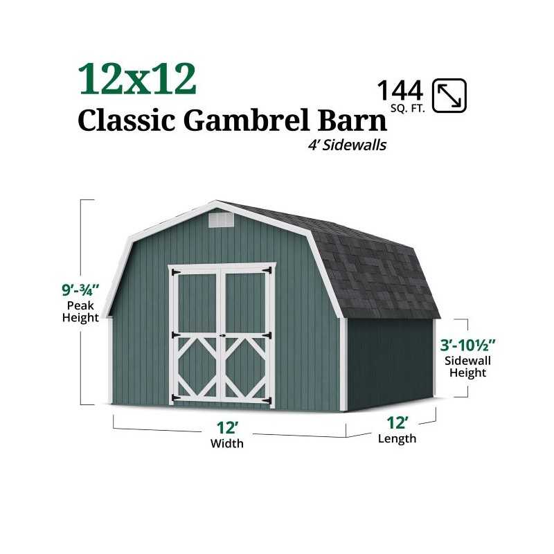 Little Cottage Co. Classic Gambrel 12x12 Wood Barn Shed Kit w/ 4' Sidewall (12x12 CGB-4-PC)