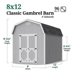 Little Cottage Co. Classic Gambrel 8x12 Wood Barn Shed Kit w/ 6' Sidewall (8x12 CGB-6-PC)