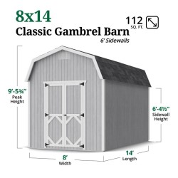 Little Cottage Co. Classic Gambrel 8x14 Wood BarnShed Kit w/ 6' Sidewall (8x14 CGB-6-PC)